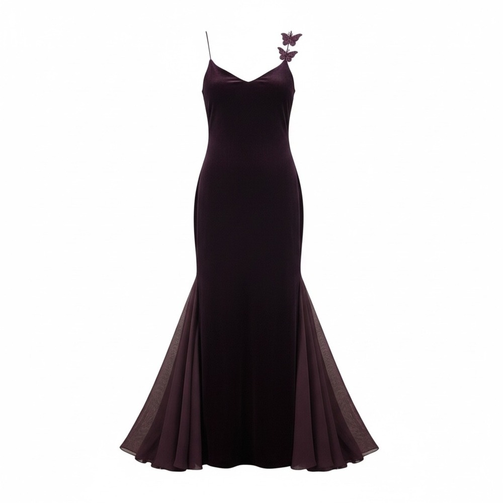 Blondie Nites Velvet Gown Women 9-10 Fig/Purple Butterfly Godet Mermaid Prom VTG